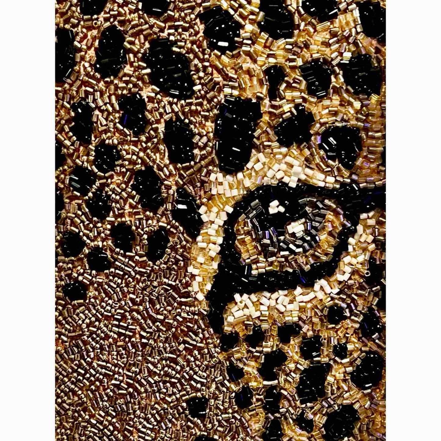 Leopard Face Accent Pillow Metallic Gold, Black Accent Hand Beaded Decorative Pillow