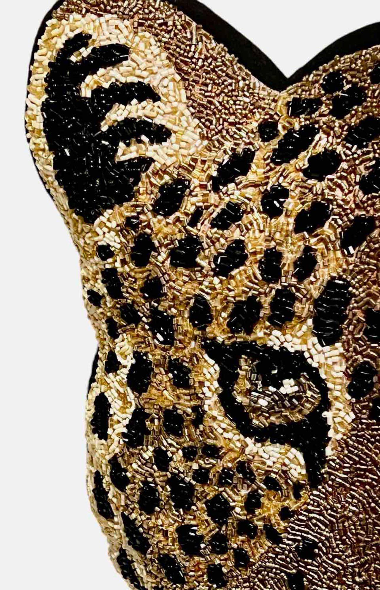 Leopard Face Accent Pillow Metallic Gold, Black Accent Hand Beaded Decorative Pillow