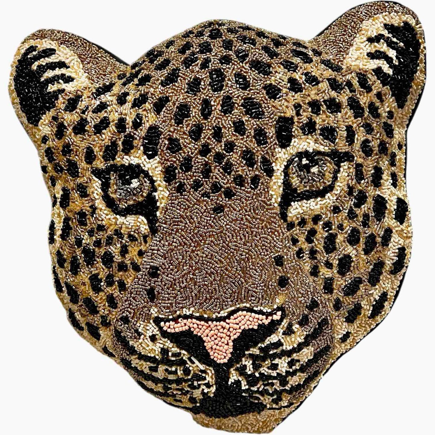 Leopard Face Accent Pillow Metallic Gold, Black Accent Hand Beaded Decorative Pillow