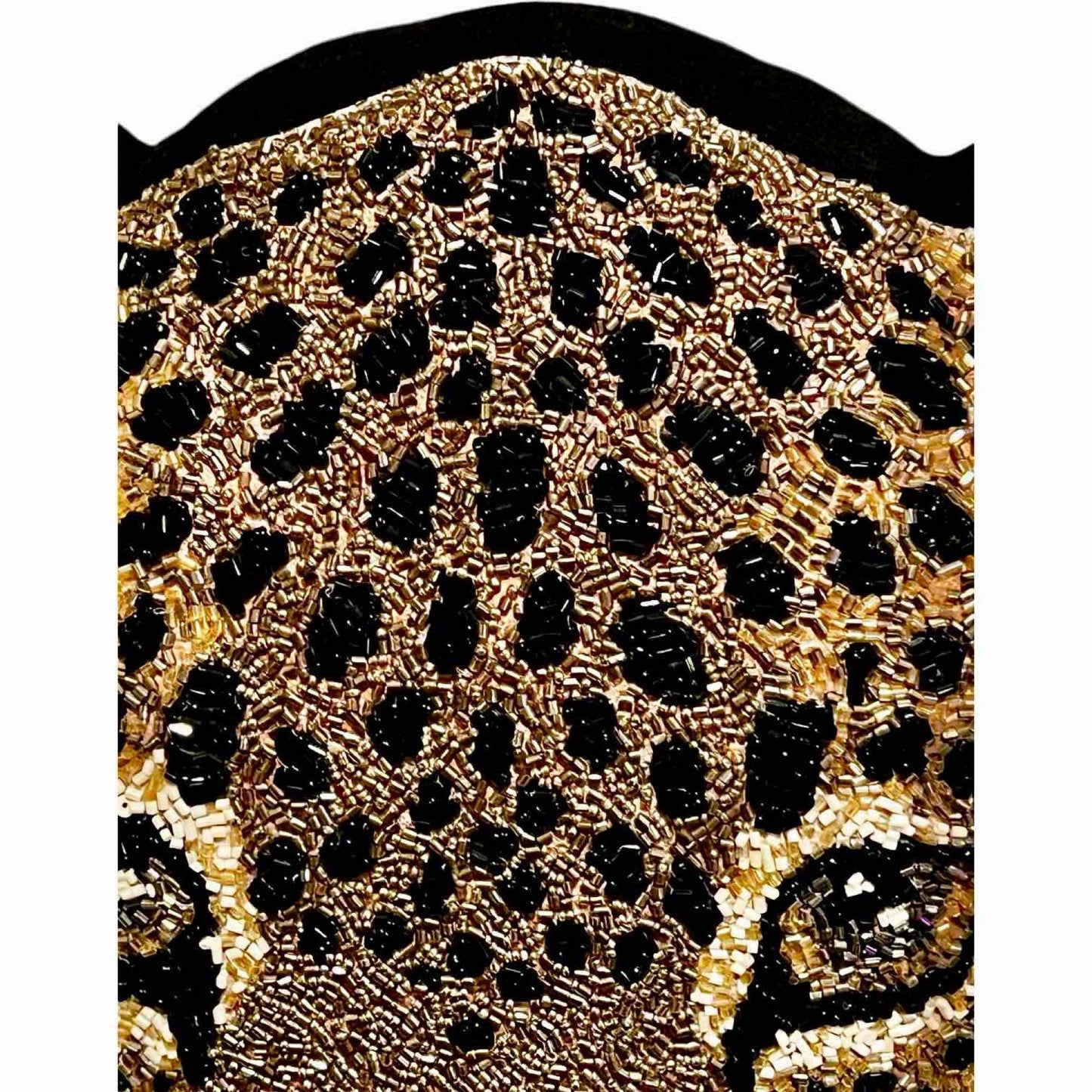 Leopard Face Accent Pillow Metallic Gold, Black Accent Hand Beaded Decorative Pillow