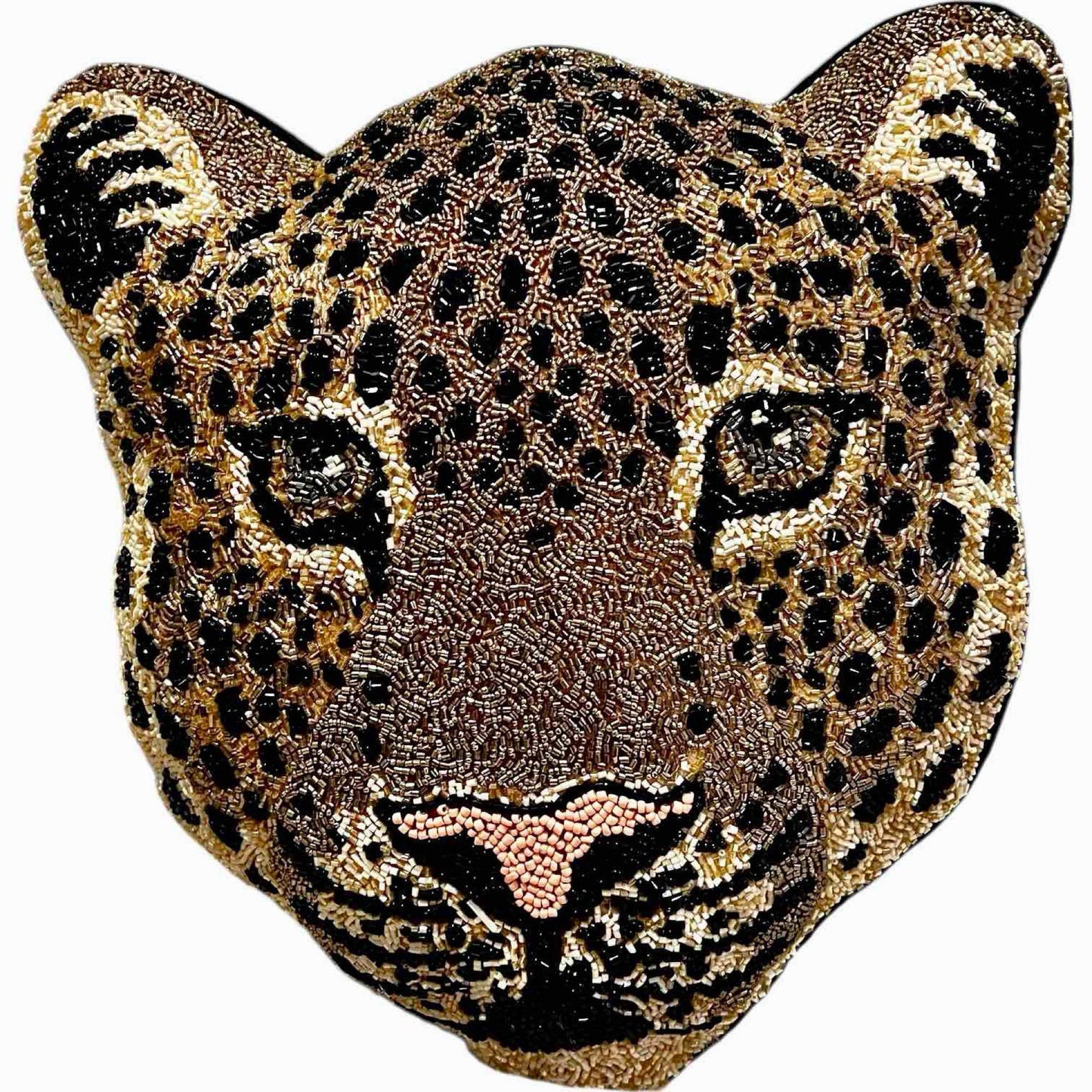 Leopard Face Accent Pillow Metallic Gold, Black Accent Hand Beaded Decorative Pillow