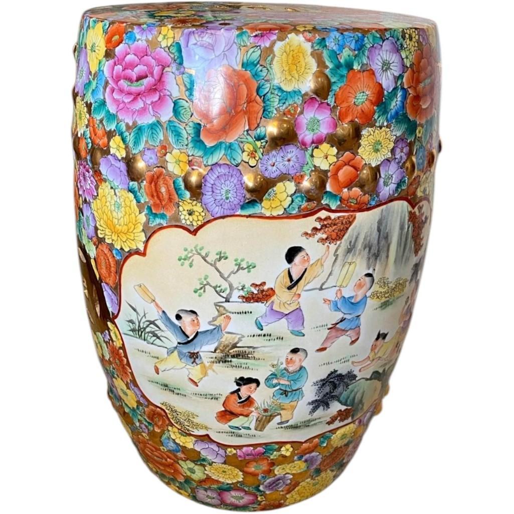 Vintage Mille Fleur Hand Painted Garden Stool with Good Luck Gold Medallion Cutouts
