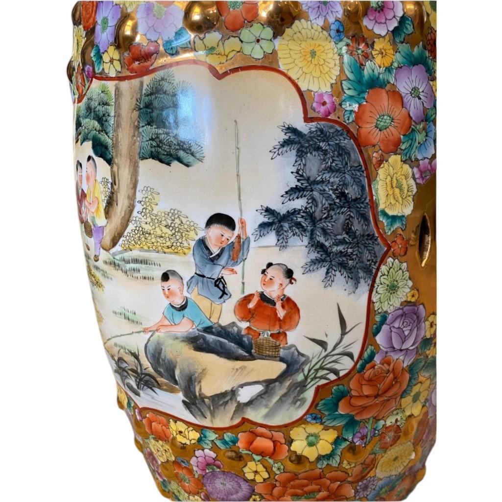 Vintage Mille Fleur Hand Painted Garden Stool with Good Luck Gold Medallion Cutouts