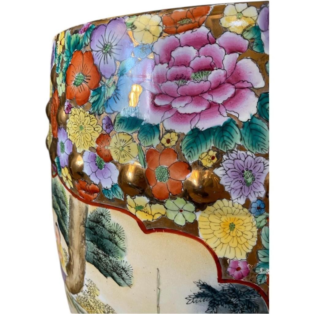 Vintage Mille Fleur Hand Painted Garden Stool with Good Luck Gold Medallion Cutouts