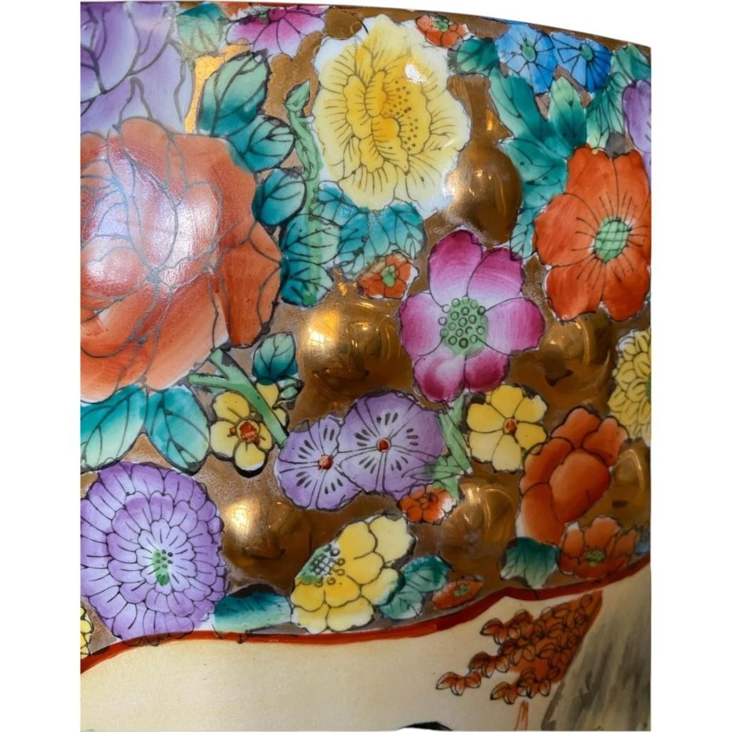 Vintage Mille Fleur Hand Painted Garden Stool with Good Luck Gold Medallion Cutouts