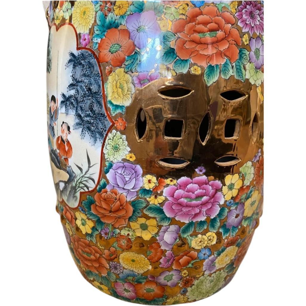 Vintage Mille Fleur Hand Painted Garden Stool with Good Luck Gold Medallion Cutouts