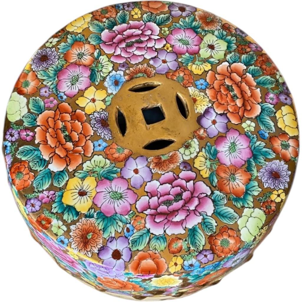 Vintage Mille Fleur Hand Painted Garden Stool with Good Luck Gold Medallion Cutouts