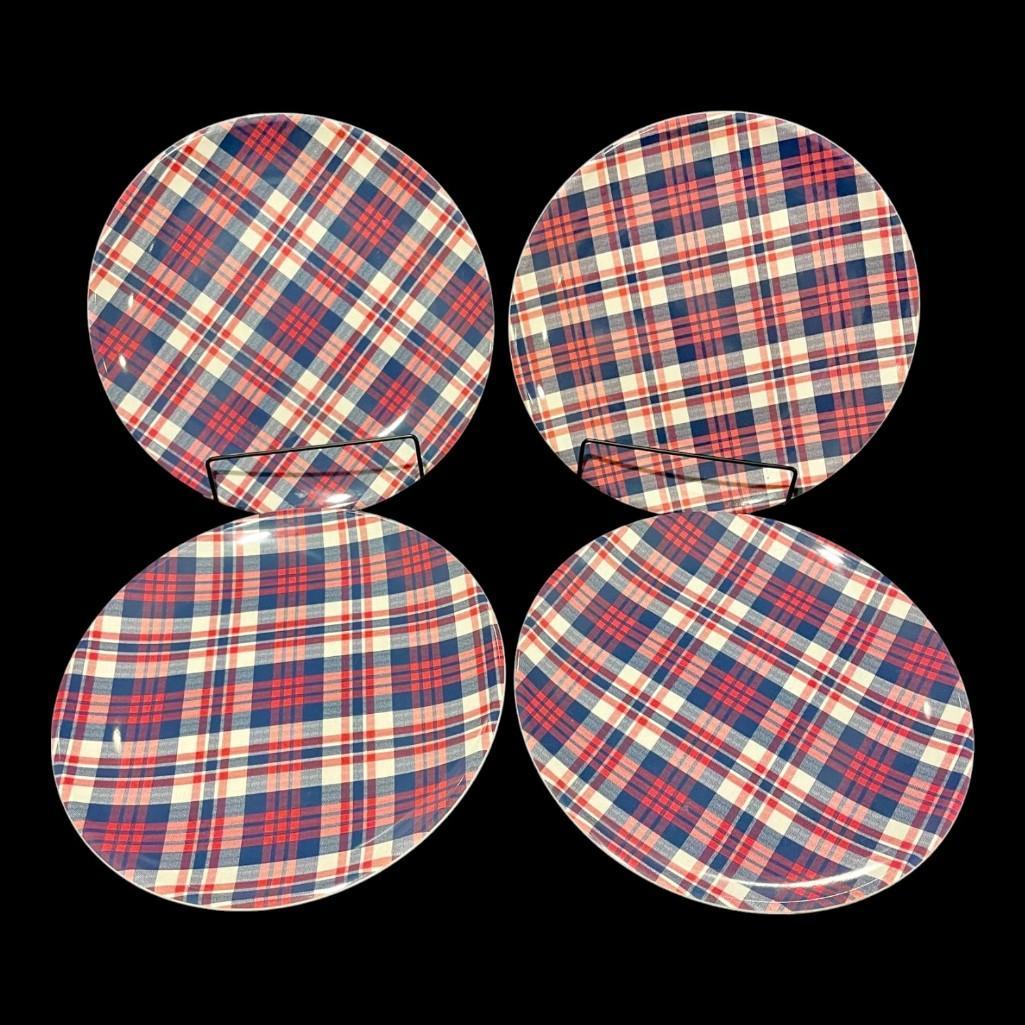 Williams Sonoma "Newport Plaid" Melamine Dinner Plates Dinnerware, Set of 4, New