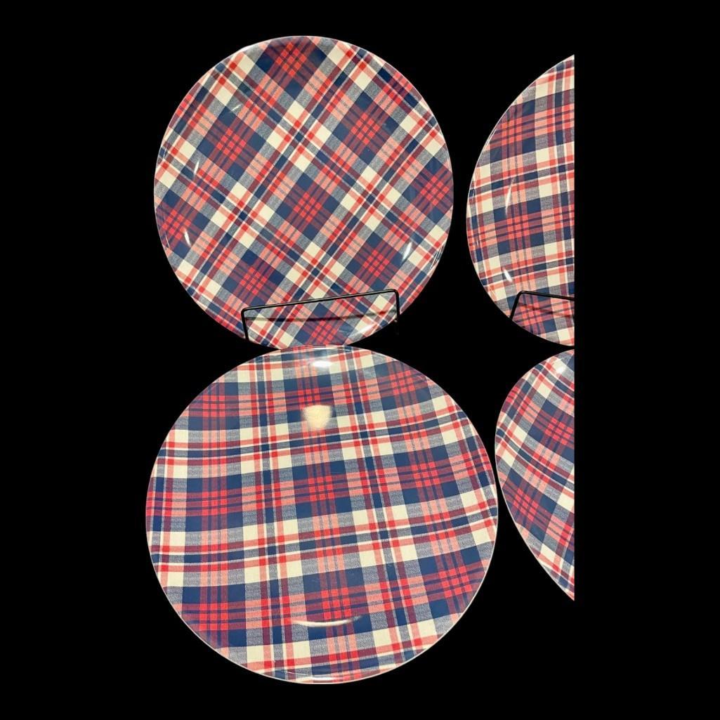 Williams Sonoma "Newport Plaid" Melamine Dinner Plates Dinnerware, Set of 4, New