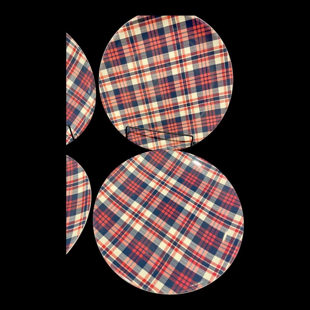 Williams Sonoma "Newport Plaid" Melamine Dinner Plates Dinnerware, Set of 4, New