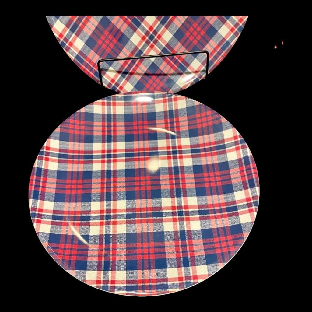 Williams Sonoma "Newport Plaid" Melamine Dinner Plates Dinnerware, Set of 4, New