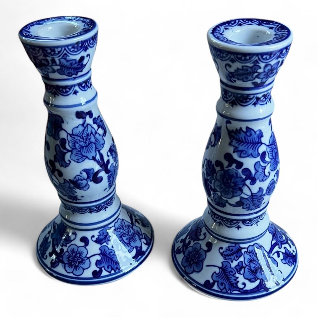 Chinoiserie Blue and White Candlestick Holders, a Pair