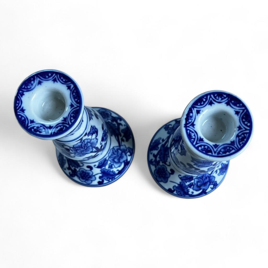 Chinoiserie Blue and White Candlestick Holders, a Pair