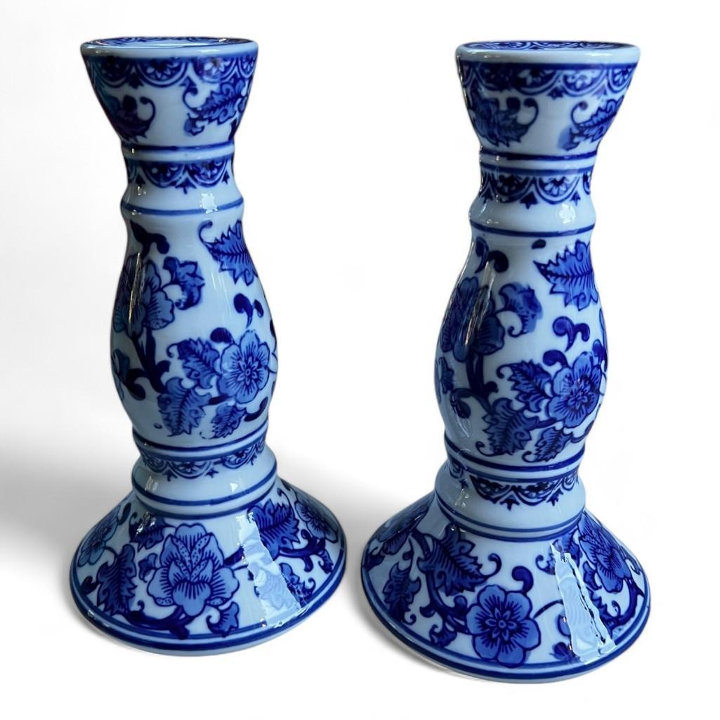 Chinoiserie Blue and White Candlestick Holders, a Pair