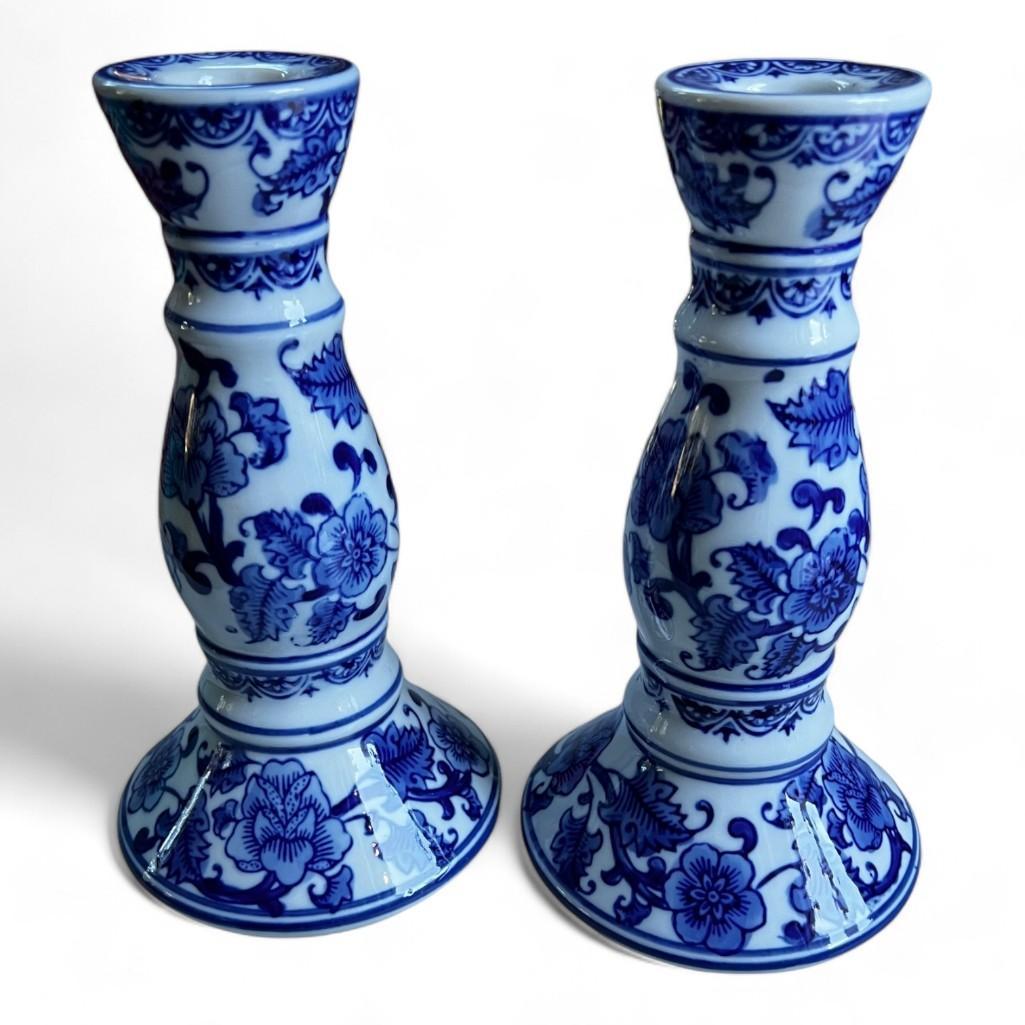 Chinoiserie Blue and White Candlestick Holders, a Pair