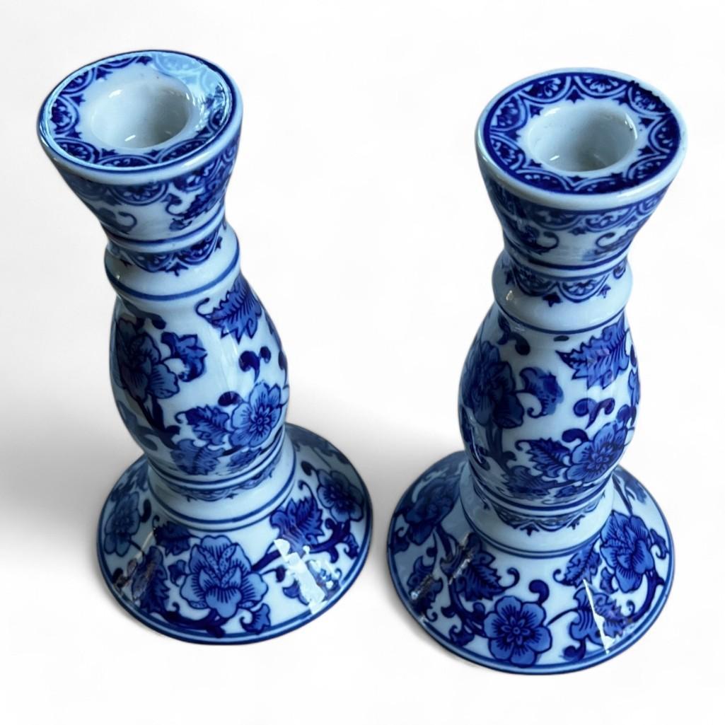 Chinoiserie Blue and White Candlestick Holders, a Pair