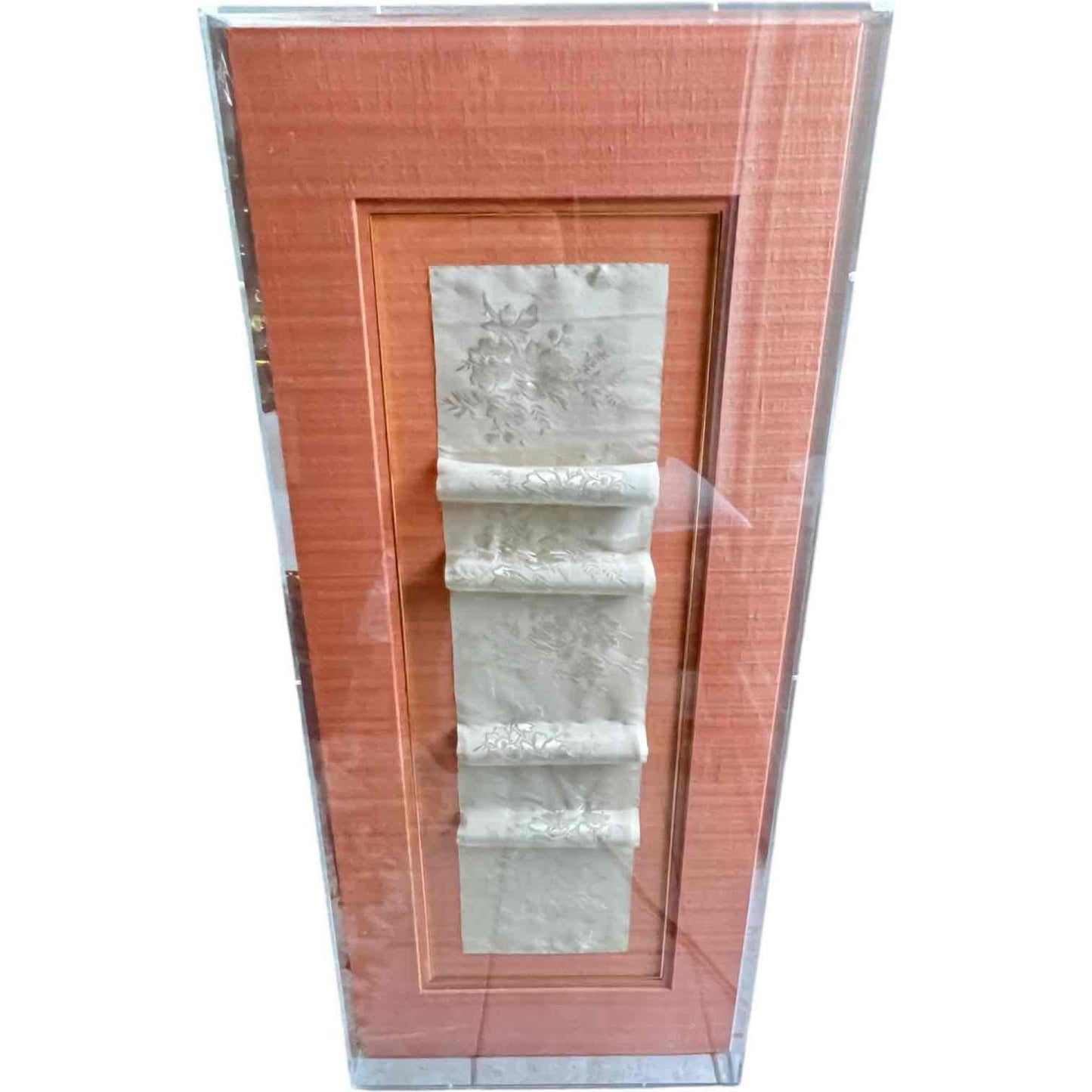 Custom Acrylic Shadow Box with Antique Chinese Silk Fabric, Peach Matted Frame