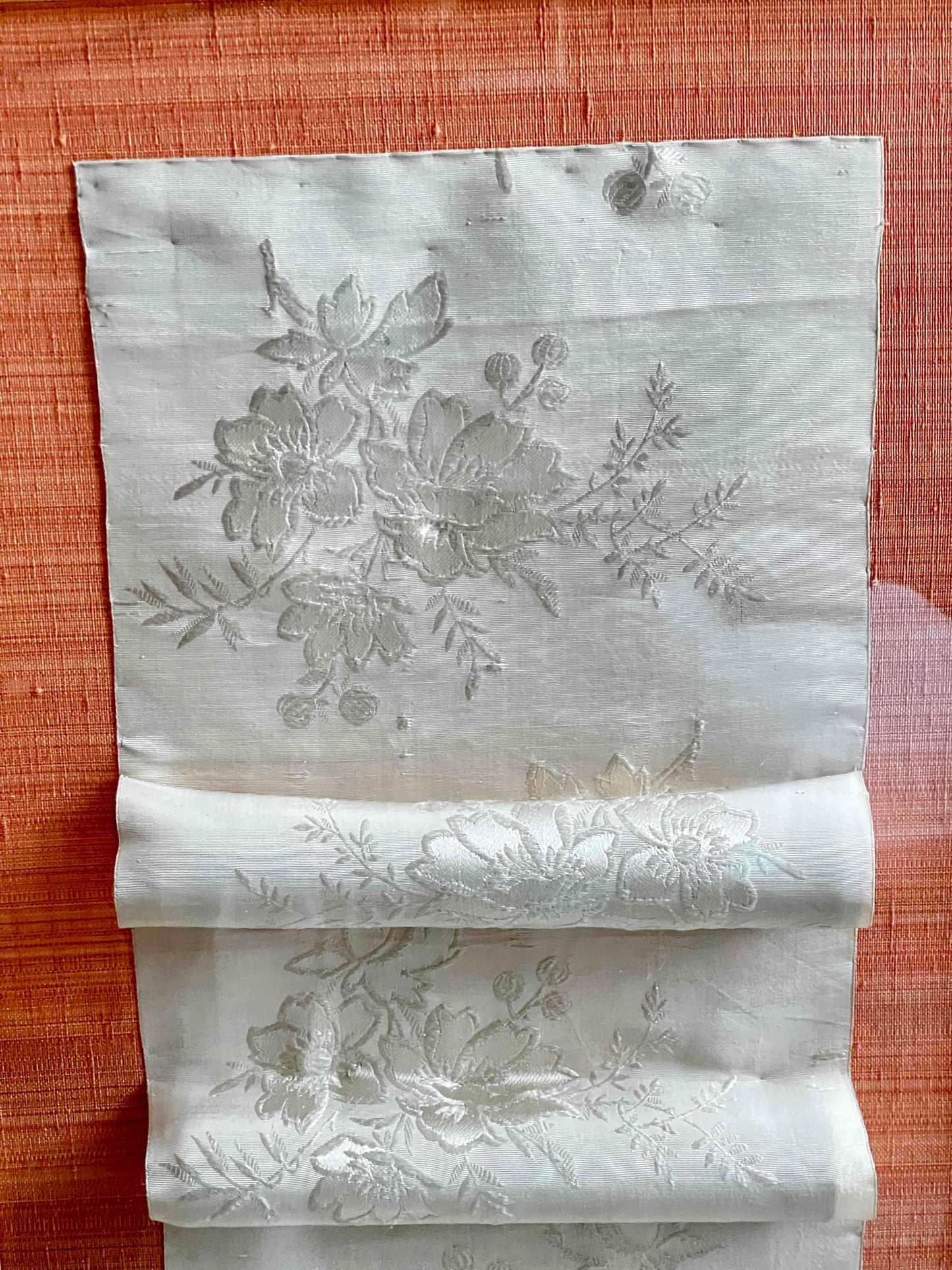 Custom Acrylic Shadow Box with Antique Chinese Silk Fabric, Peach Matted Frame