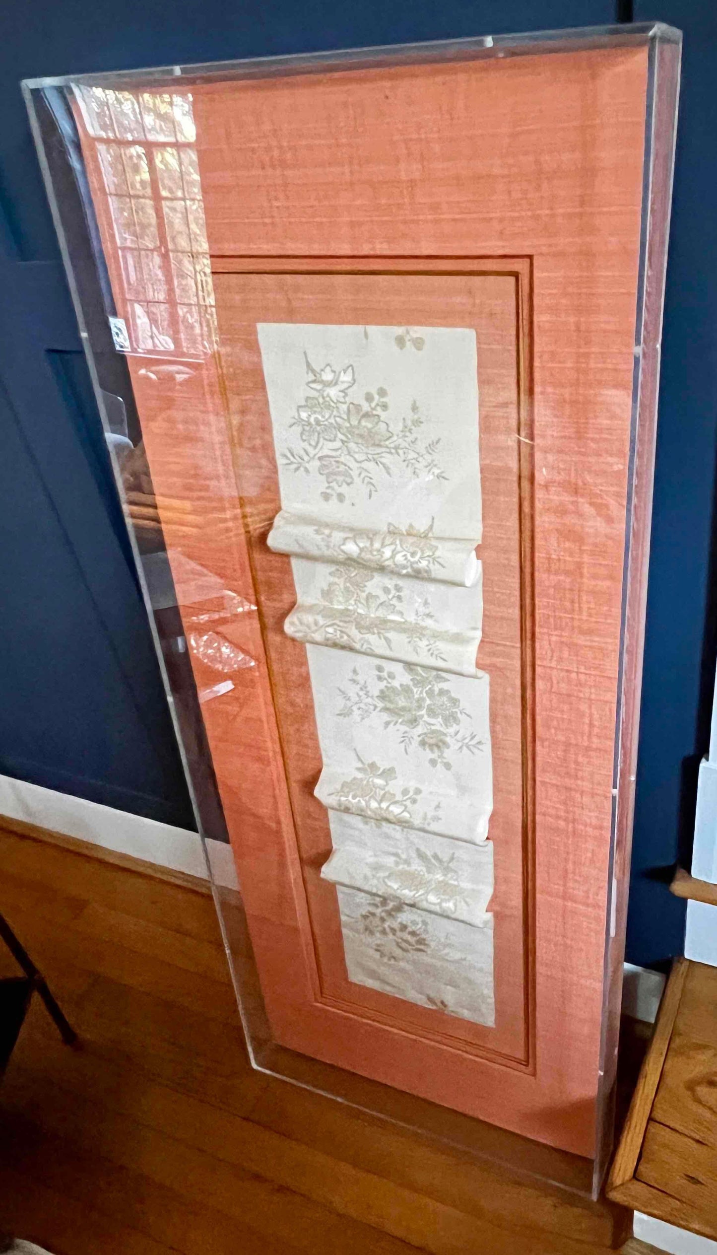 Custom Acrylic Shadow Box with Antique Chinese Silk Fabric, Peach Matted Frame
