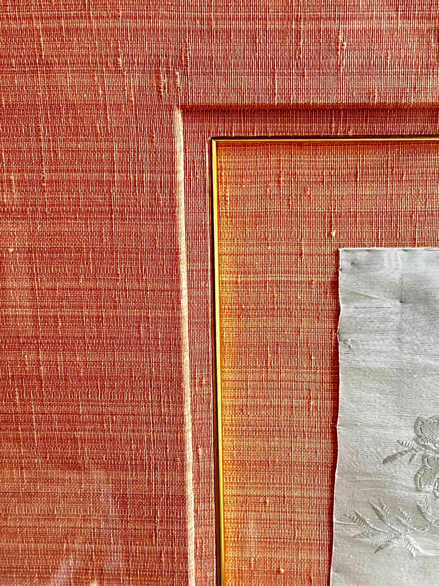 Custom Acrylic Shadow Box with Antique Chinese Silk Fabric, Peach Matted Frame
