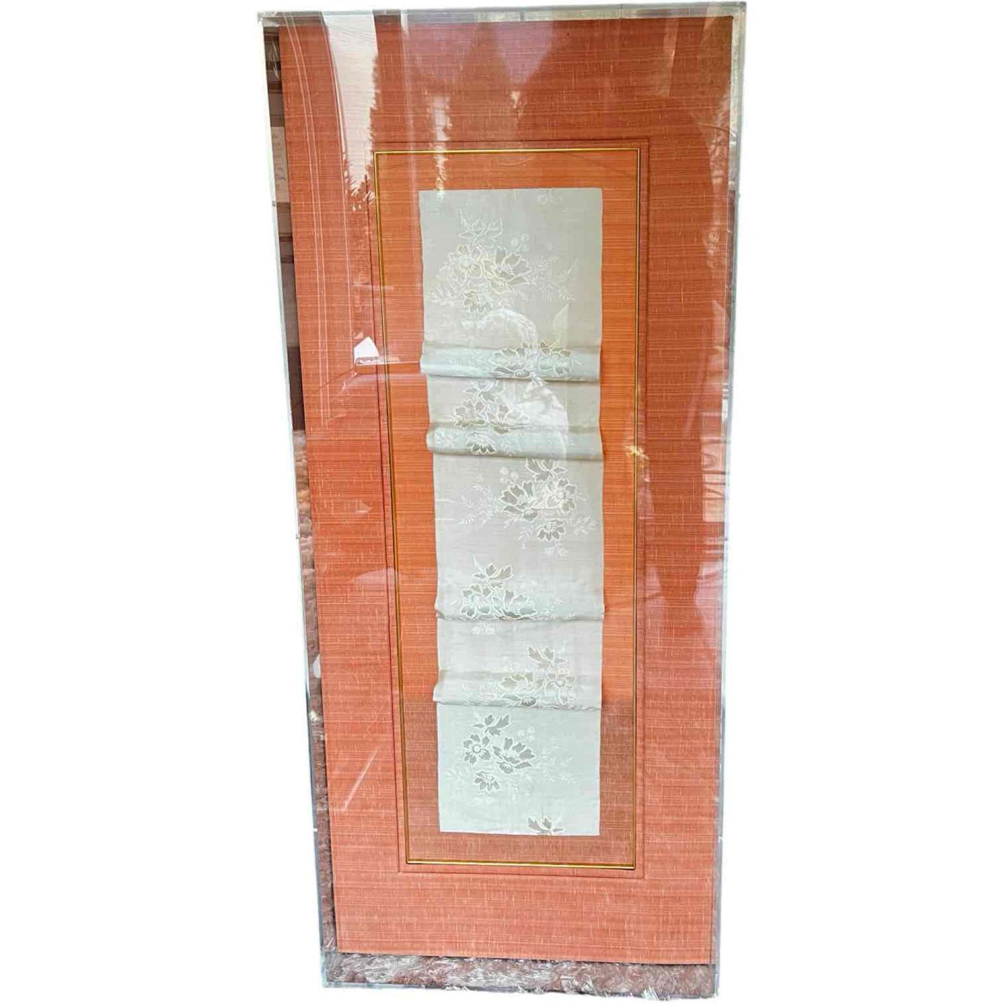 Custom Acrylic Shadow Box with Antique Chinese Silk Fabric, Peach Matted Frame