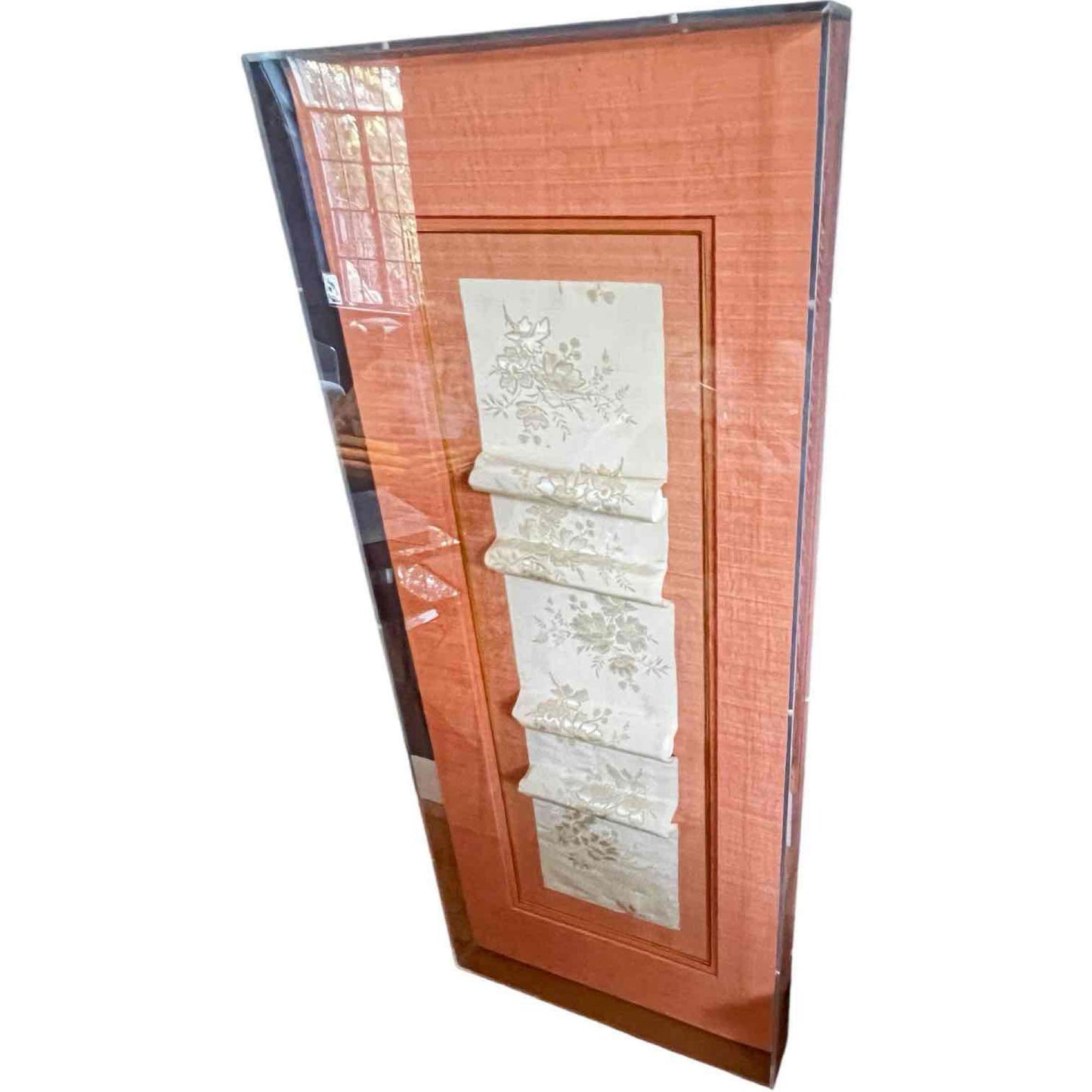 Custom Acrylic Shadow Box with Antique Chinese Silk Fabric, Peach Matted Frame