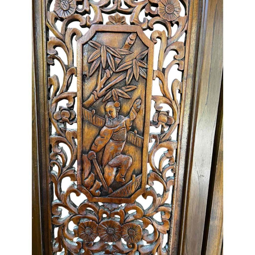 Vintage Hand-carved, Hand-rubbed Intricate Chinese Teakwood Screen Room Divider, Circa 1960s