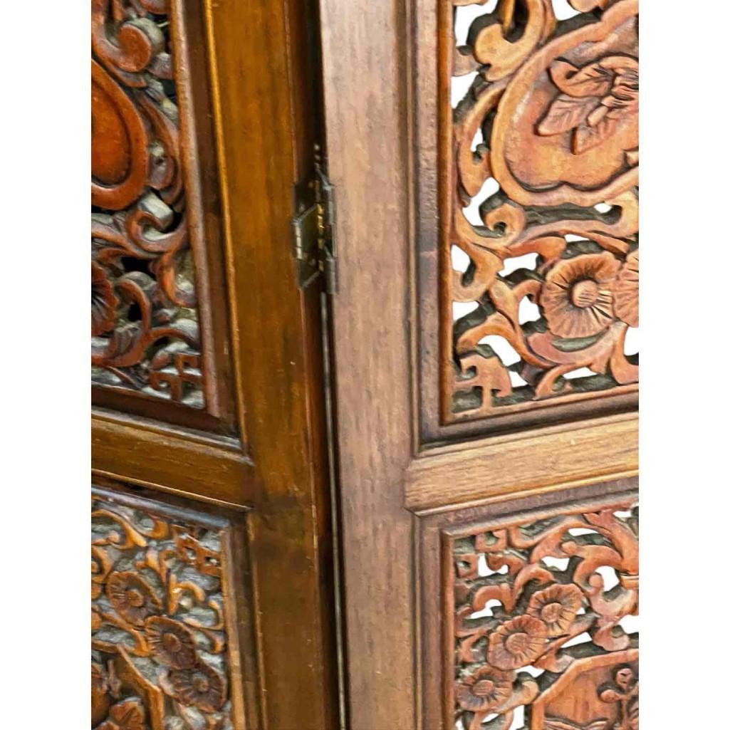 Vintage Hand-carved, Hand-rubbed Intricate Chinese Teakwood Screen Room Divider, Circa 1960s