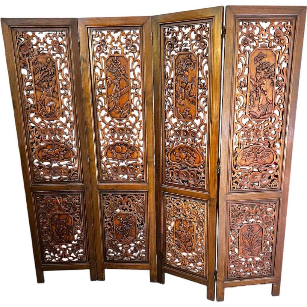 Vintage Hand-carved, Hand-rubbed Intricate Chinese Teakwood Screen Room Divider, Circa 1960s