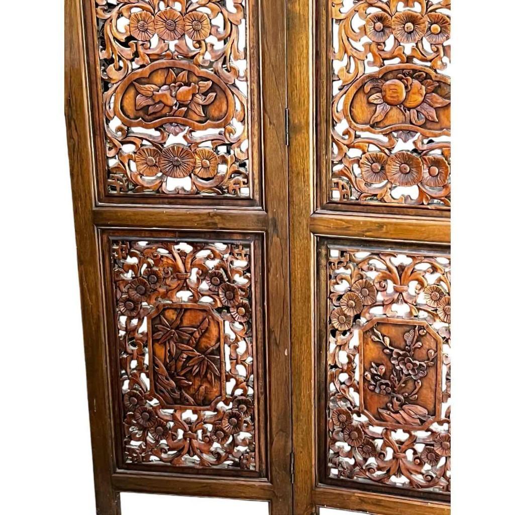 Vintage Hand-carved, Hand-rubbed Intricate Chinese Teakwood Screen Room Divider, Circa 1960s
