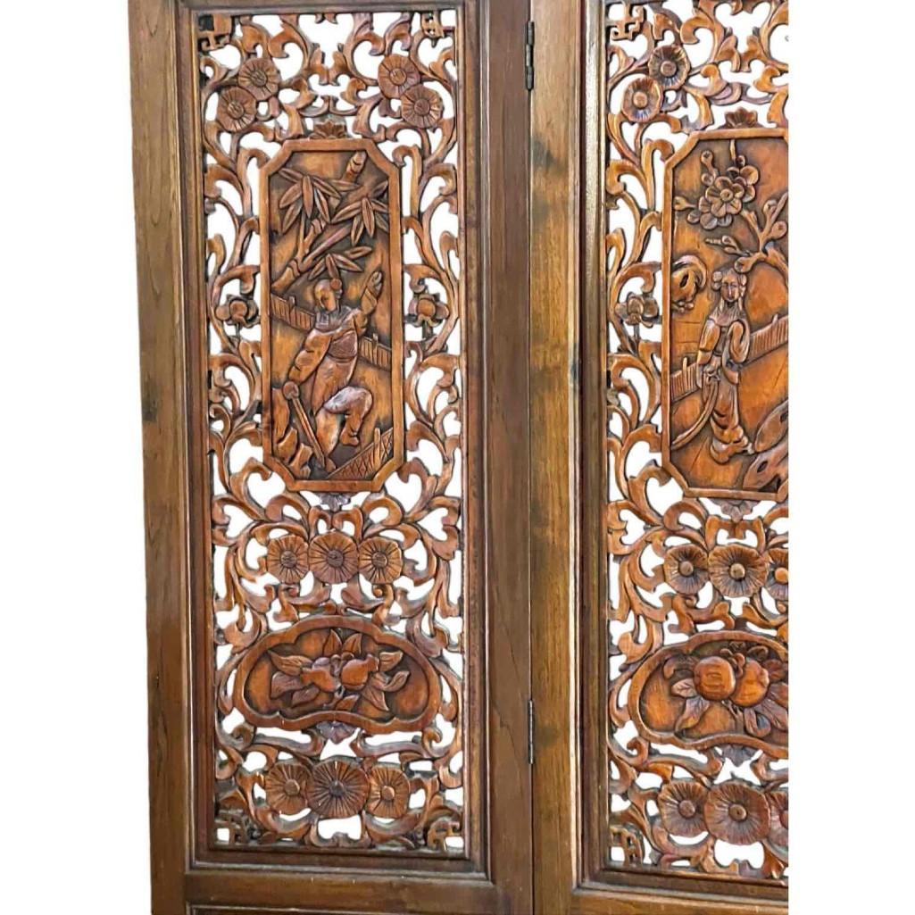 Vintage Hand-carved, Hand-rubbed Intricate Chinese Teakwood Screen Room Divider, Circa 1960s