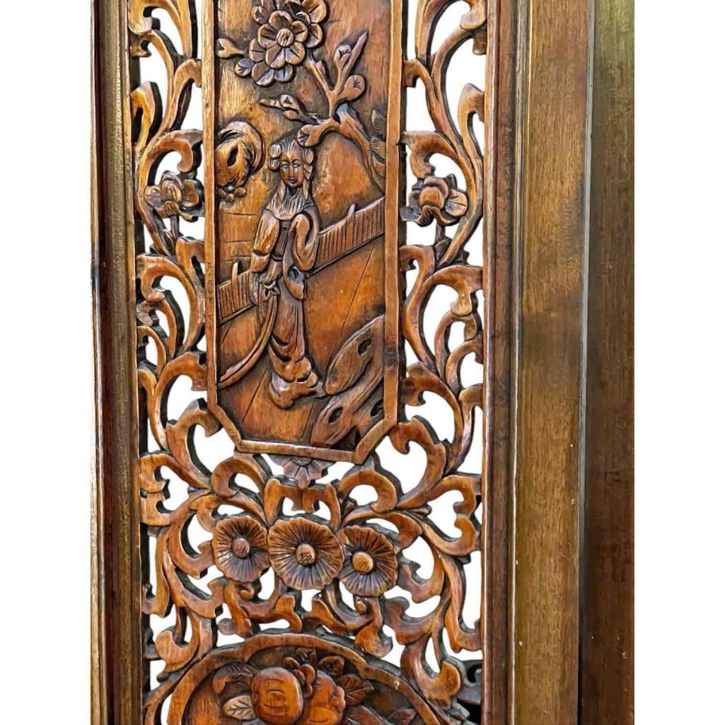 Vintage Hand-carved, Hand-rubbed Intricate Chinese Teakwood Screen Room Divider, Circa 1960s