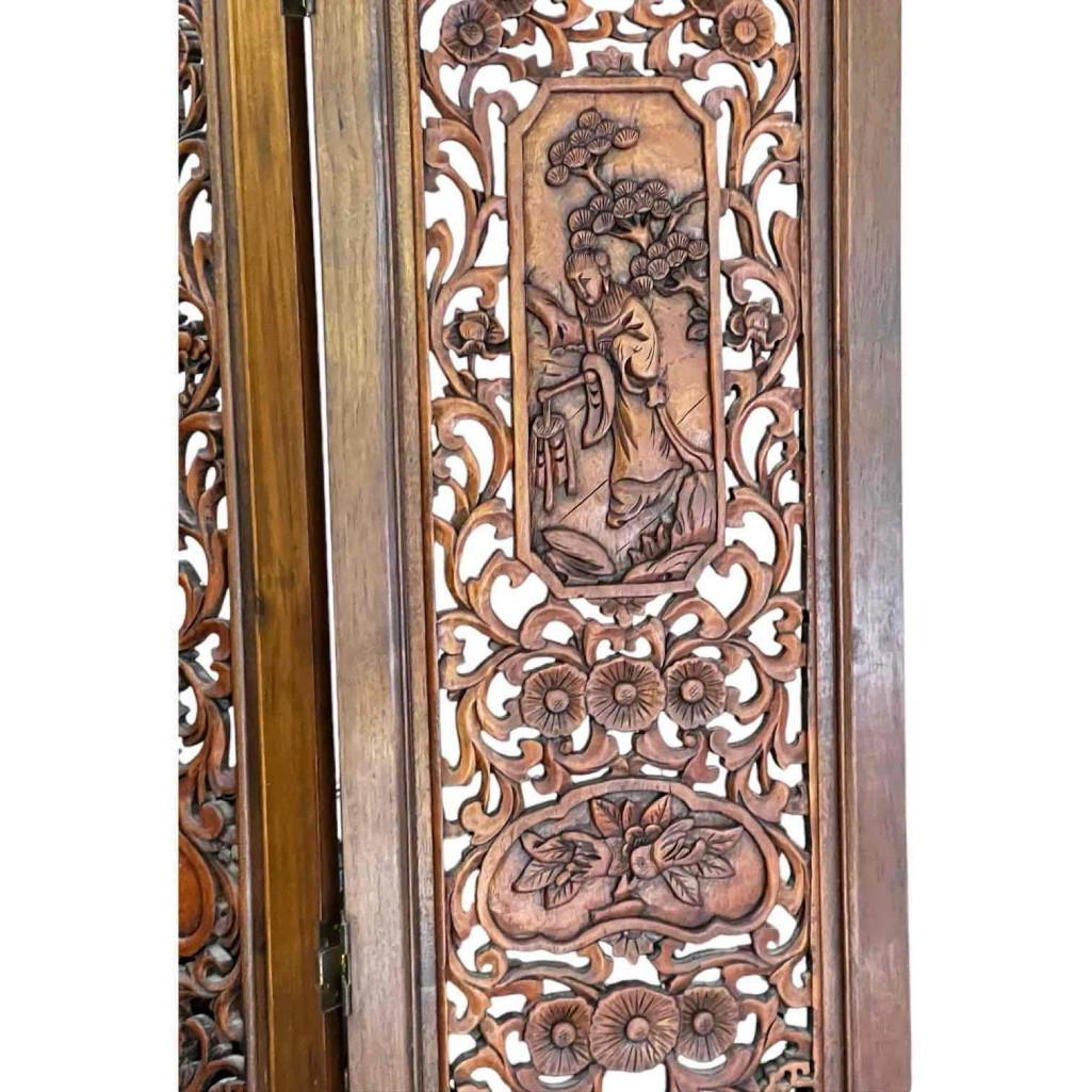 Vintage Hand-carved, Hand-rubbed Intricate Chinese Teakwood Screen Room Divider, Circa 1960s