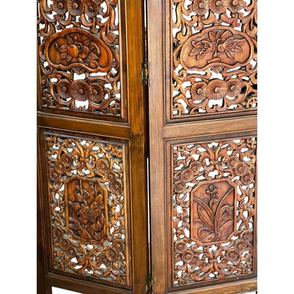 Vintage Hand-carved, Hand-rubbed Intricate Chinese Teakwood Screen Room Divider, Circa 1960s
