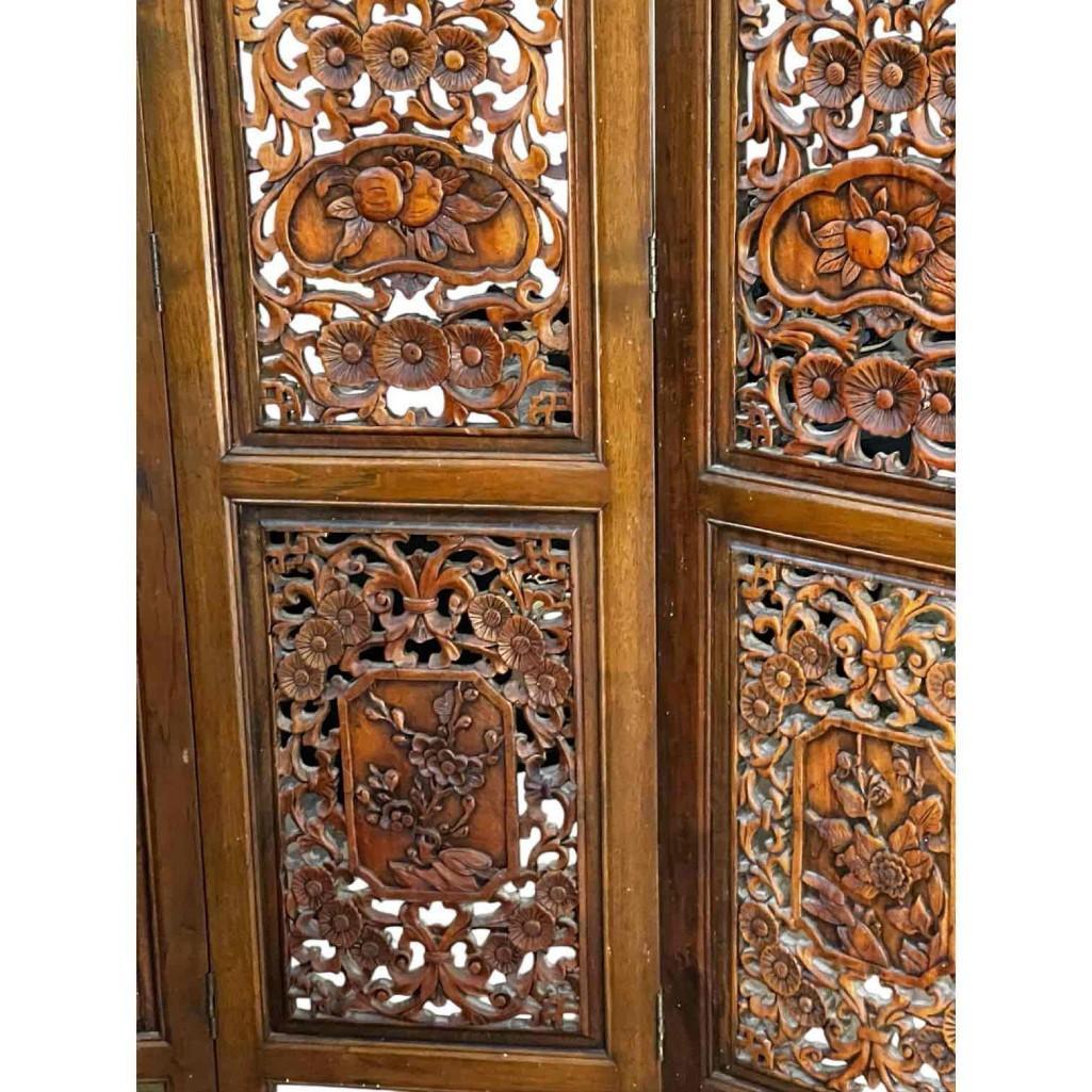 Vintage Hand-carved, Hand-rubbed Intricate Chinese Teakwood Screen Room Divider, Circa 1960s