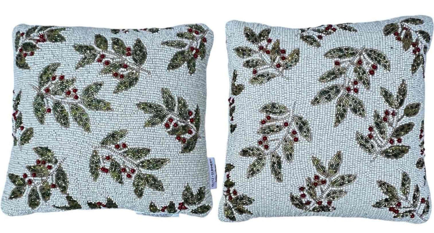 Holiday Accent Throw Pillow, Holly and Berries Motif, a Pair