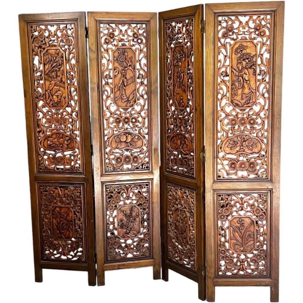 Vintage Hand-carved, Hand-rubbed Intricate Chinese Teakwood Screen Room Divider, Circa 1960s