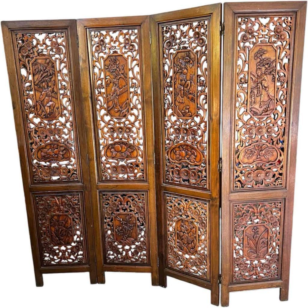 Vintage Hand-carved, Hand-rubbed Intricate Chinese Teakwood Screen Room Divider, Circa 1960s