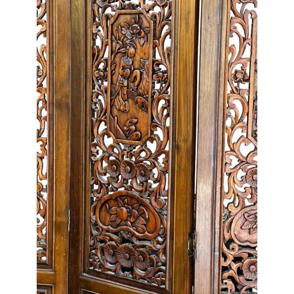 Vintage Hand-carved, Hand-rubbed Intricate Chinese Teakwood Screen Room Divider, Circa 1960s