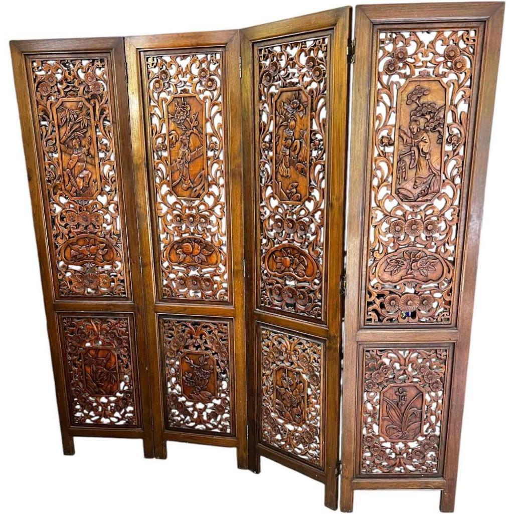 Vintage Hand-carved, Hand-rubbed Intricate Chinese Teakwood Screen Room Divider, Circa 1960s