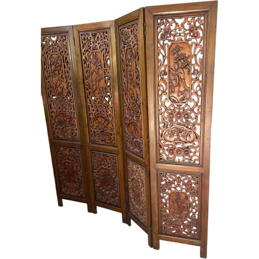 Vintage Hand-carved, Hand-rubbed Intricate Chinese Teakwood Screen Room Divider, Circa 1960s