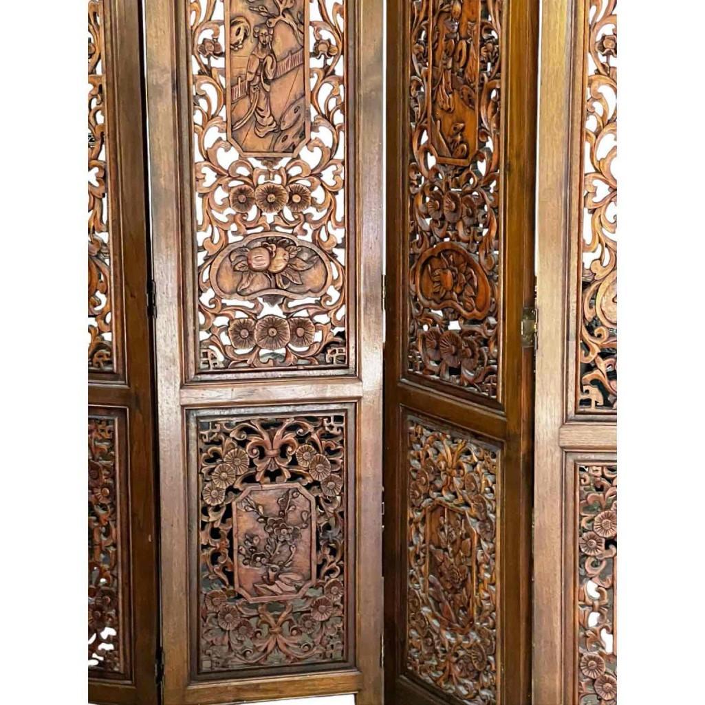 Vintage Hand-carved, Hand-rubbed Intricate Chinese Teakwood Screen Room Divider, Circa 1960s