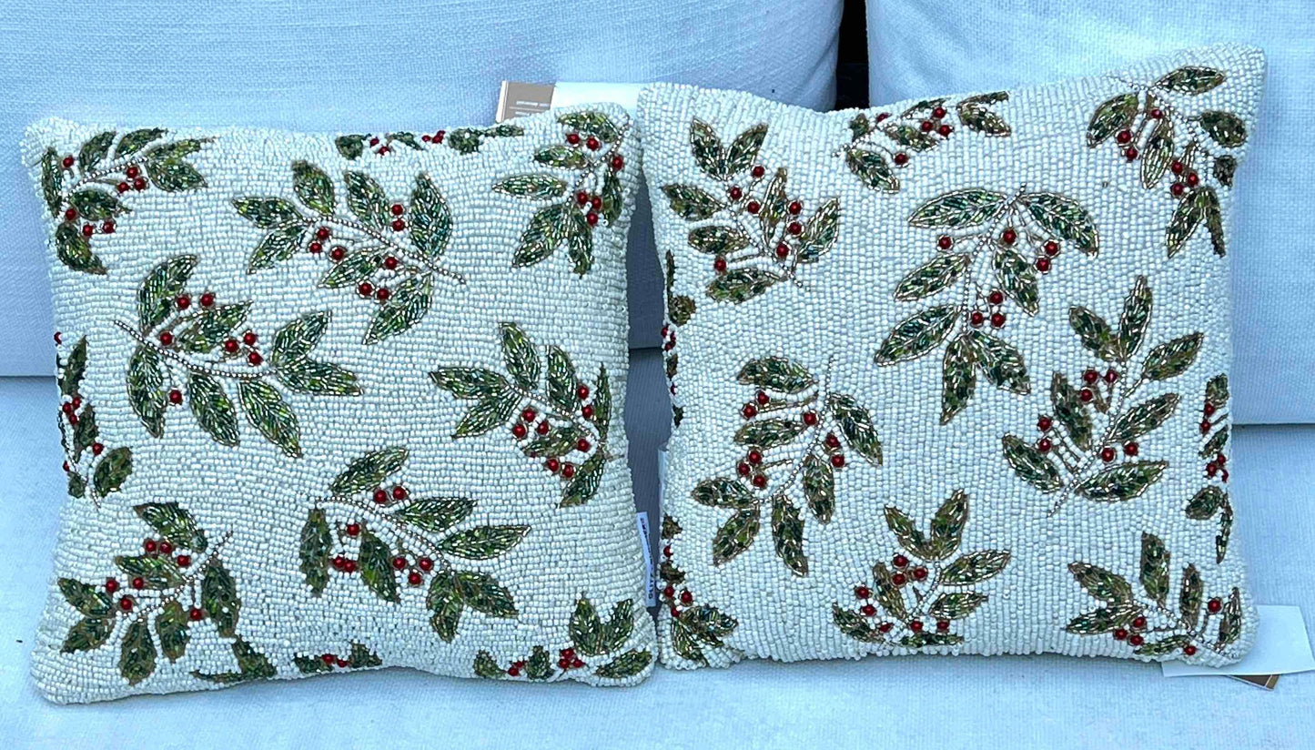 Holiday Accent Throw Pillow, Holly and Berries Motif, a Pair