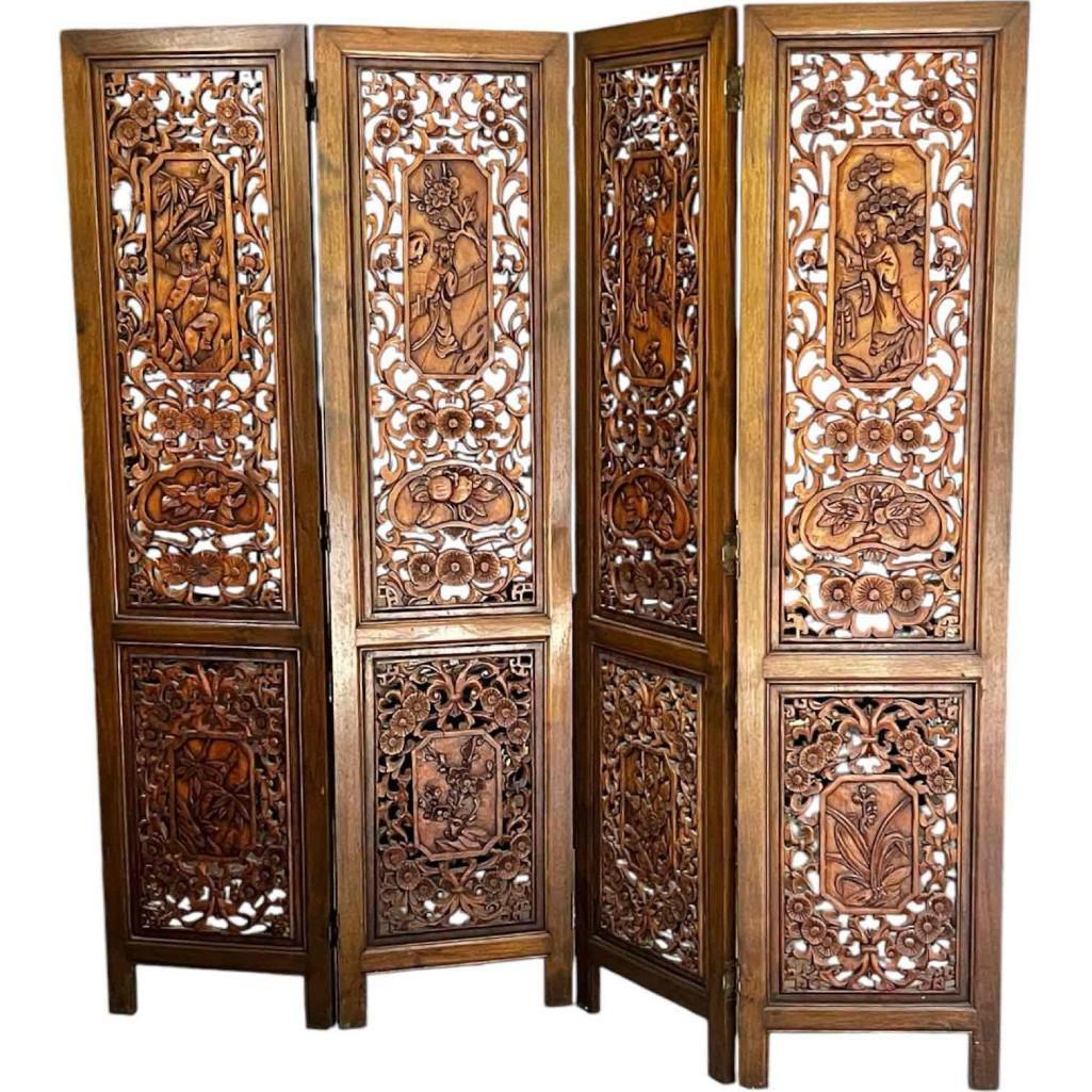Vintage Hand-carved, Hand-rubbed Intricate Chinese Teakwood Screen Room Divider, Circa 1960s