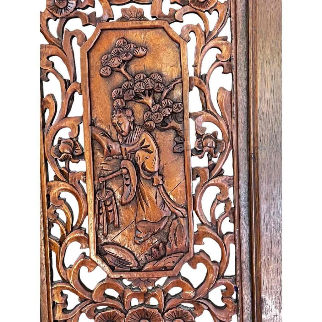 Vintage Hand-carved, Hand-rubbed Intricate Chinese Teakwood Screen Room Divider, Circa 1960s