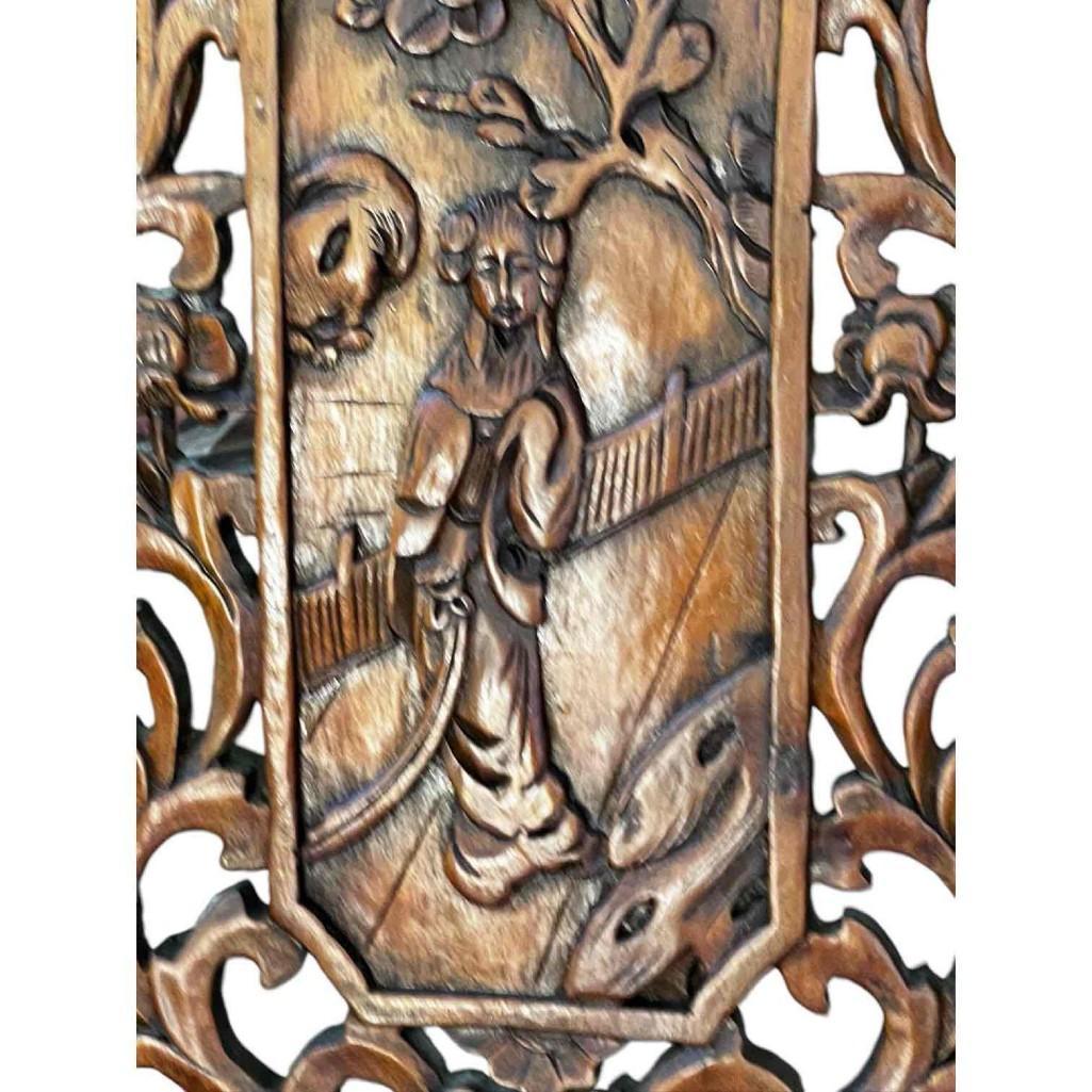 Vintage Hand-carved, Hand-rubbed Intricate Chinese Teakwood Screen Room Divider, Circa 1960s