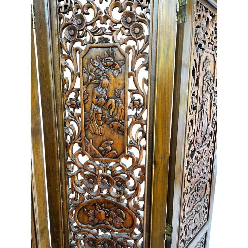 Vintage Hand-carved, Hand-rubbed Intricate Chinese Teakwood Screen Room Divider, Circa 1960s
