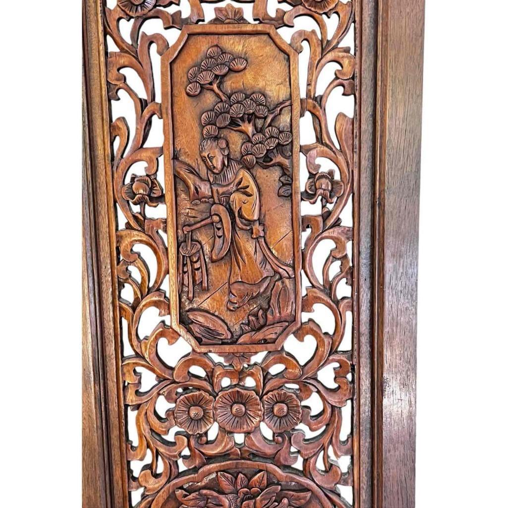 Vintage Hand-carved, Hand-rubbed Intricate Chinese Teakwood Screen Room Divider, Circa 1960s