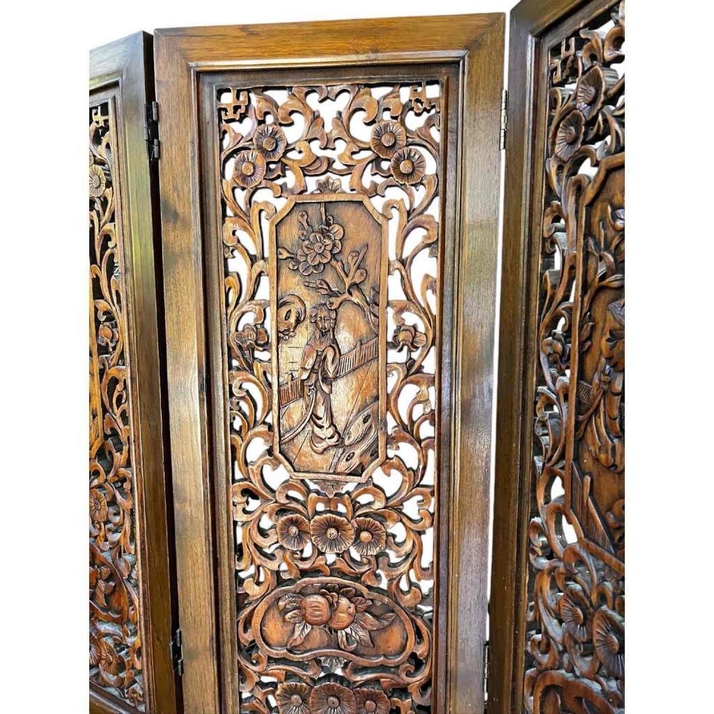 Vintage Hand-carved, Hand-rubbed Intricate Chinese Teakwood Screen Room Divider, Circa 1960s