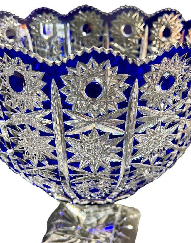 Hungarian Crystal Cobalt Cut to Clear Bohemian Crystal Queen Lace Pedestal Bowl